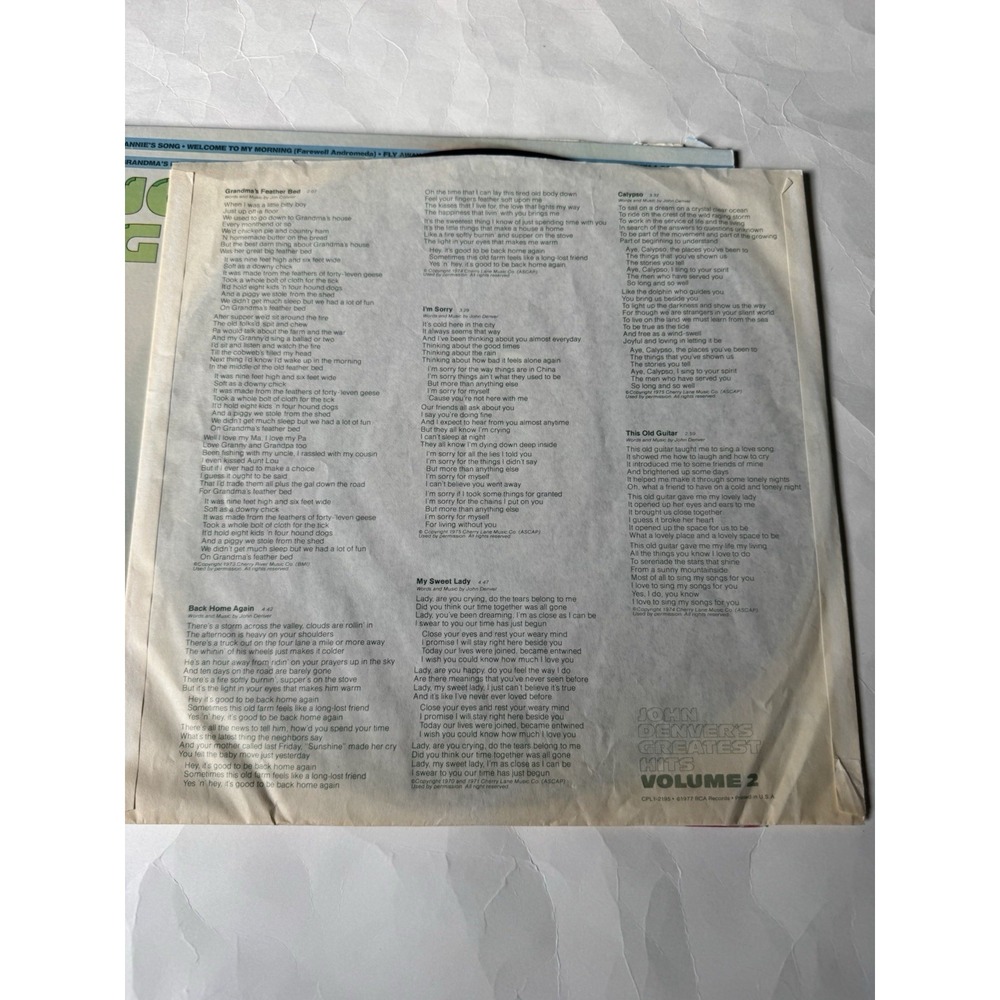 JOHN DENVER Greatest Hits Volume 2 RCA Victor CPL1-2195 LP Record 1977 - Picture 6 of 10